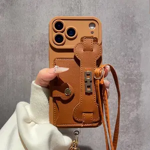 Brown Leather Phone Case with Wavy Wristband Card Holder - With Long and Short Lanyards | Shockproof and Scratch-Resistant Design | Compatible with iPhone 17/16/15/14/13 Pro Max | Trendy Fashion Accessory