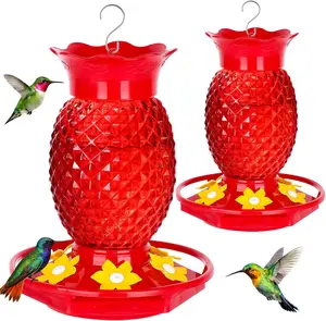 Glass Hummingbird Feeders for Outdoors Hanging 16oz 2 Pack Red Pineapple Bee & Ant Proof 360°Perch Leakproof Easy Clean with 6 Feeding Ports Gifts for Mom
