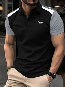 Men's Polo Shirt with Exquisite Eagle Embroidery, Casual Comfortable Breathable Short Sleeve Fitted Casual Collared Polo for Daily Home Commute