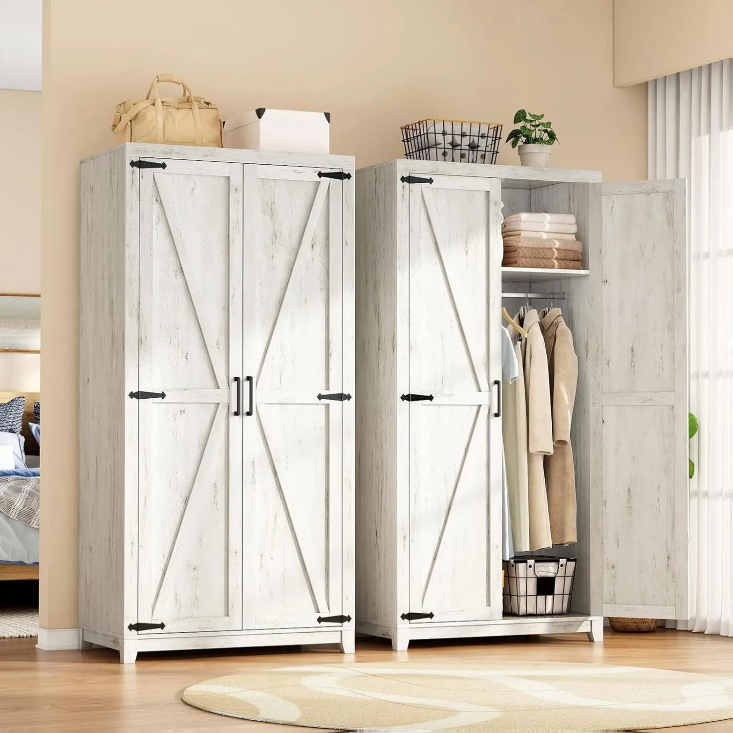 AMERLIFE 70" Large Engineered Wood Armoire Wardrobe Closet, Farmhouse Barn Style Double Wardrobe with Hanging Rod, 2 Barn Doors & Shelf, Easy Access Storage Furniture for Bedroom, Ideal Christmas Gift, Barn Style Wardrobes
