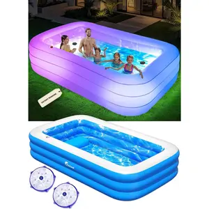 Inflatable Pool with Pool Lights and Seat, Durable Thickened Large Size Family Inflatable Pools for Adults Blow Up Pools,110" x 63" x 20"Swimming Inflatable Kids PooI for Backyard,Outdoor (White)