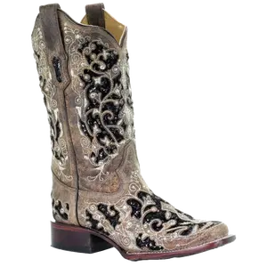 Corral Ladies Brown Black Inlay Floral Embroidery & Studs Boots A3648