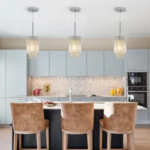 Chrome Silver Cylinder Crystal Pendant Light, Modern Adjustable Height Hanging Lamp for Kitchen Island
