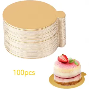 100 Pcs Mini Cake Boards 3.14inch Gold Round Cake Circle Base, Mini Round Dessert Circle Base Board, Small Paper Cake Cardboard Mousse Cupcake Bases Plates Party Supplies for Baking Party DIY Wedding Birthday