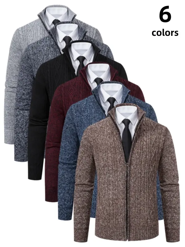 Men's Stand Collar Zip Up Cardigan Sweater Jacket Cable Knit Fleece Lined Thick Full Zip Long Sleeve Knit Coat Great Value Warm Windproof Soft Stretchy Cozy Regular Fit for Men Office Casual Daily Fall Winter Outdoor Layering Outerwear