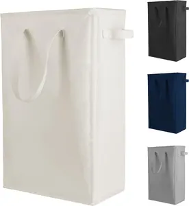 Slim Laundry Hamper Handles Collapsible Laundry Basket Thin Dirty Clothes Basket Narrow Laundry Bag Foldable Dirty Hamper 45L (Beige)