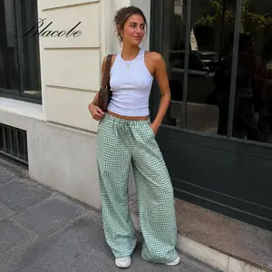 Women's Wide Leg Trousers, Spring Summer New, Plaid Print Elastic Waist Loose, Casual Pants with Pockets for Work