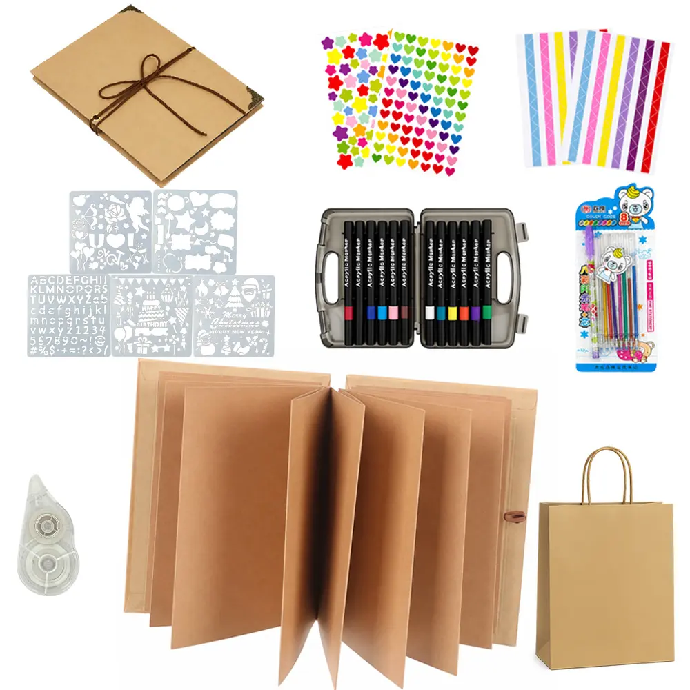 1Set Stretchable Folding 6x8 in Hardcover Photo Album Scrapbook Supplies Kit - DIY Hand Tool Kit with Corner Stickers,  Marker Pens, Sticker Packs, Correction Tape, Gift Bag,Accordion Design for Wedding Anniversary Project