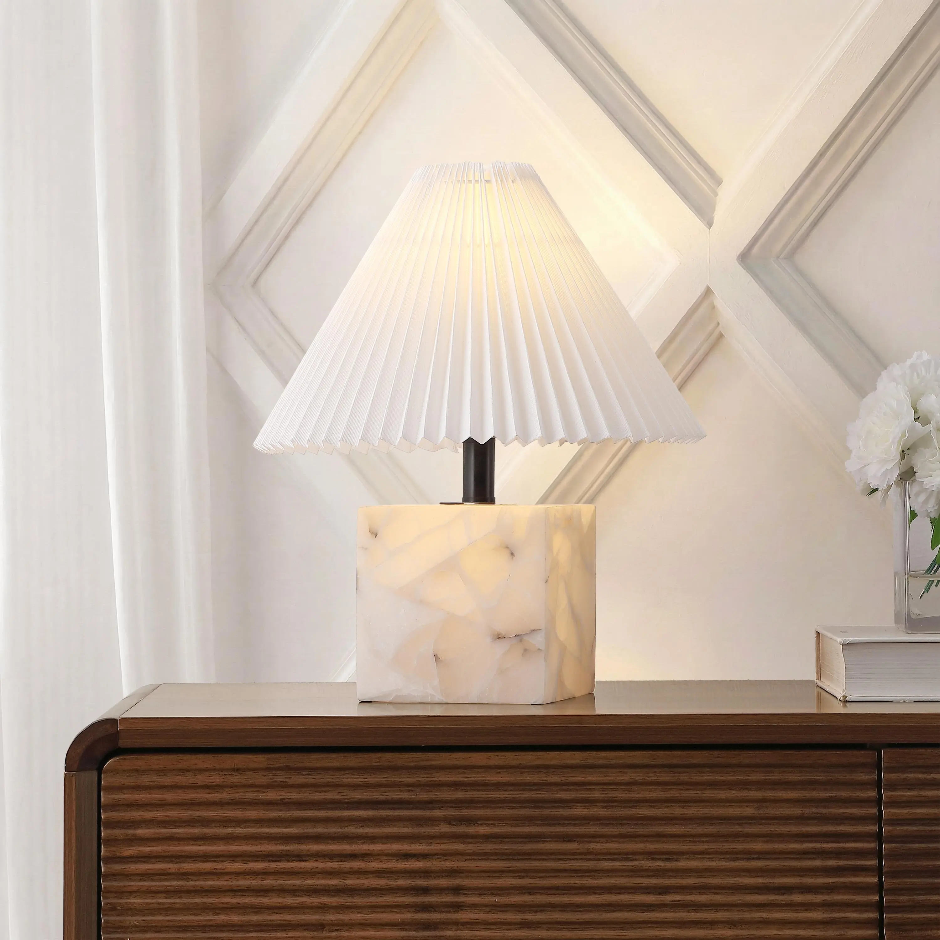 JONATHAN Y Hermin 2-Light Table Lamp 16.5" Alabaster Metal, White | Contemporary Square Cube Geometric Sculptural Base, Nightlight, Pleated Shade, 4-Way Switch, LED Bulbs Included