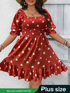 【Plus Size】 Heart Print Shirred Ruffle Hem Flounce Sleeve Dress, Elegant Square Neck A Line Dress for Summer, Women's Clothes for Daily Wear, Casual Plus Size Tummy Flattering Dresses
