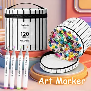 Professional Art Supplies, 120 Colors Dual-Ended Markers, Fine Tip & Broad Tip, Large Capacity Storage Bucket, Ideal for Back-To-School Season