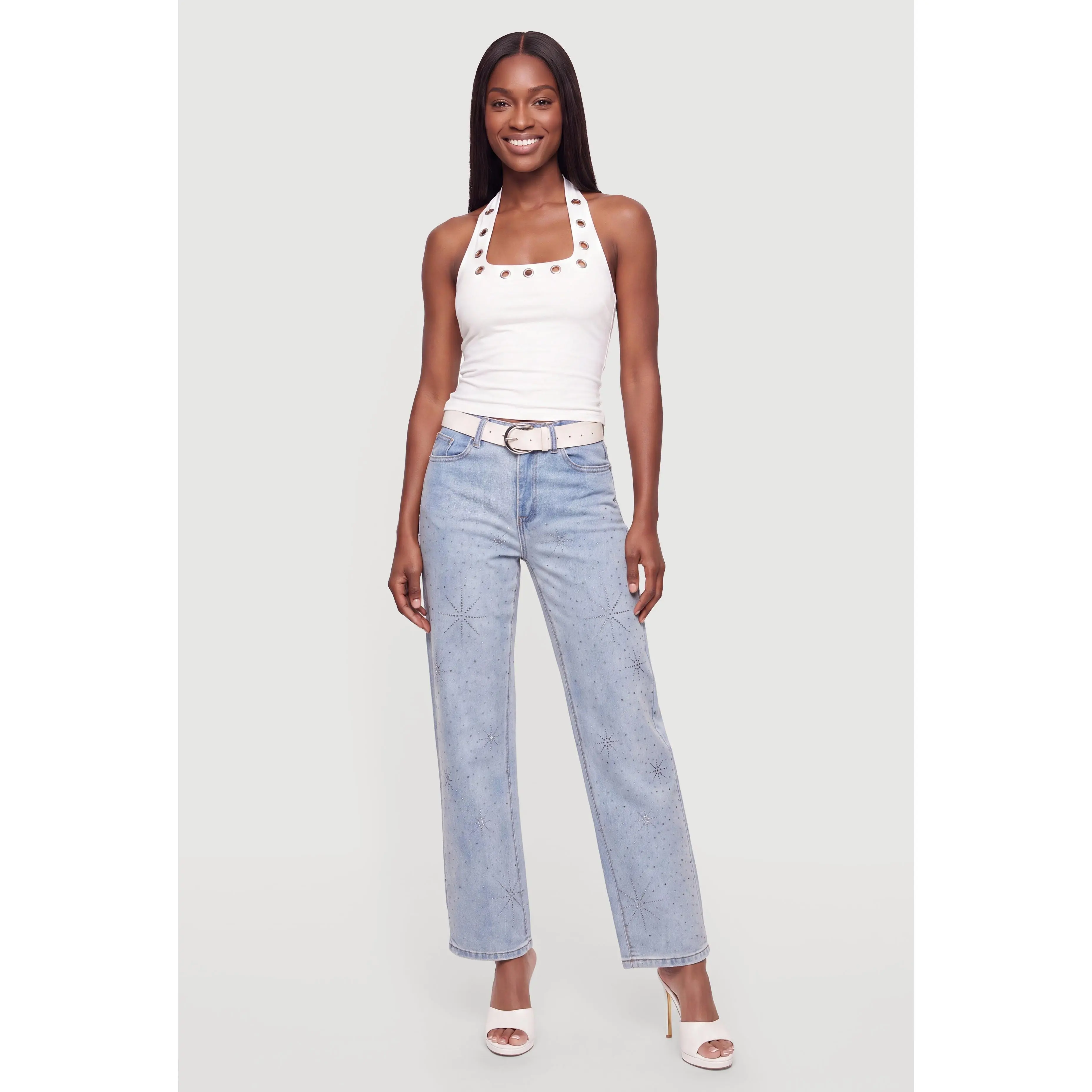 Rhinestone Studded Belted Straight Leg Jeans