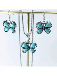 Vintage necklace and earring set, bohemian European and American style, versatile set with synthetic turquoise collarbone chain, suitable for daily wear