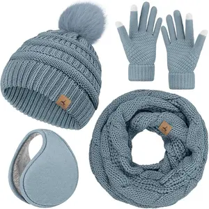 Winter Hat Scarf Gloves and Ear Warmer, Warm Knit Beanie Hat Touch Screen Gloves Set Winter Gifts  Scarves for Women（gift）