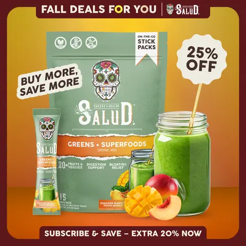 Salud 2-in-1 [Greens + Superfoods - Peach Mango] Daily Greens Drink Mix, Agua Fresca, Gut Health & Bloating Support, Probiotics & Prebiotics, Vegan, Non-GMO, Easy-to-Drink Greens Powder (15 Servings)