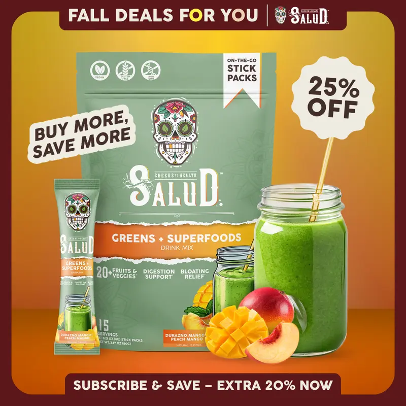 Salud 2-in-1 [Greens + Superfoods - Peach Mango] Daily Greens Drink Mix, Agua Fresca, Gut Health & Bloating Support, Probiotics & Prebiotics, Vegan, Non-GMO, Easy-to-Drink Greens Powder (15 Servings)