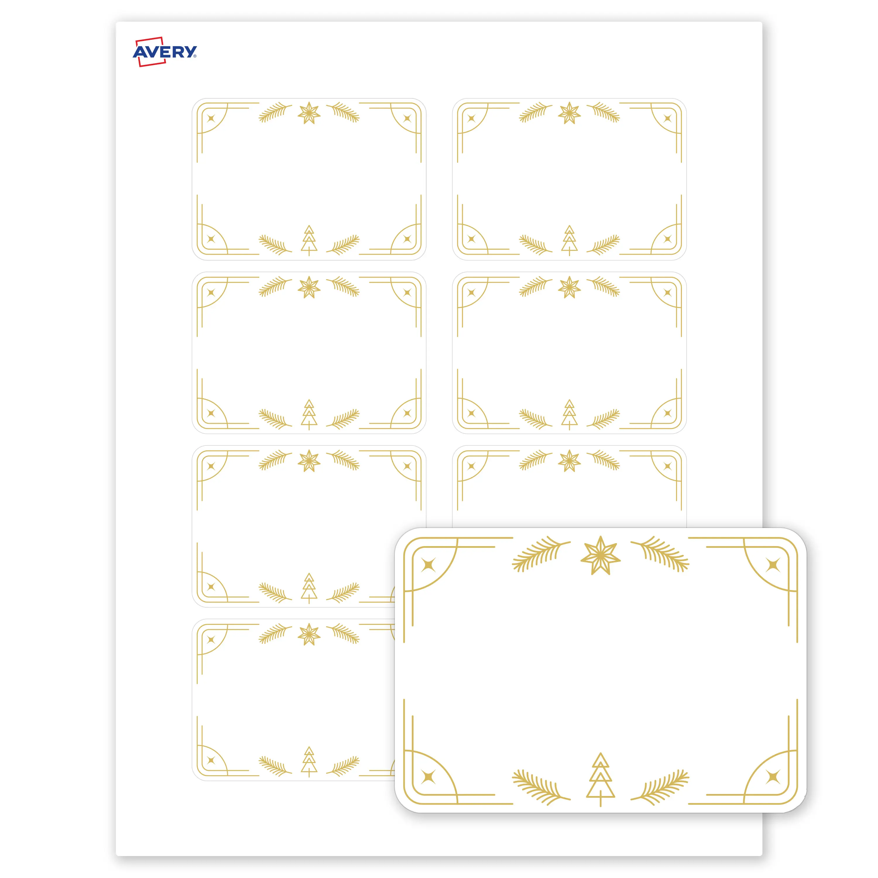Avery® Printable Christmas Adhesive Name Tags, 2-1/3" x 3-3/8", Matte White, Pre-printed Metallic Gold Christmas Trees Design, Laser & Inkjet Compatible, 160 Total