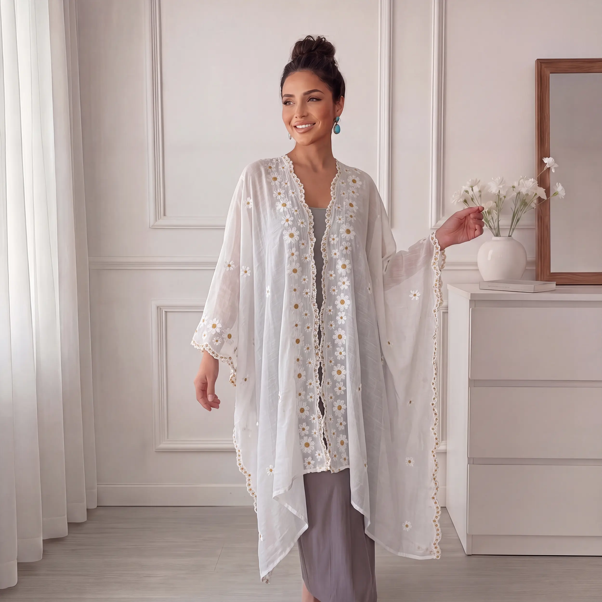 Boho Daisy Embroidered Kimono Cardigan for Women, Lace Trim Batwing Sleeve Open Front Abaya Cover‑Up, Lightweight Muslim Outerwear for Daily & Holiday