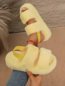 Women's Plush Open-Toe Thick Sole Slide Slippers, Dual Strap Design, Casual & Versatile, Large Size, Comfortable & Easy to Wear