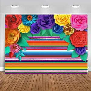 Mexican Theme Party Banner, Striped Backdrop for Cinco De Mayo, Paper Flower Design, Ideal for Cake Table & Photo Booth Decorations