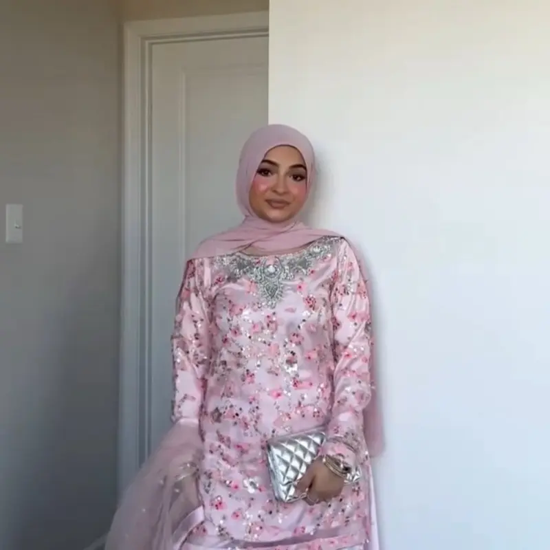 Women's Pink Floral 3D Flower Eid Wedding Sharara Suit, Silver Neckline, Pearl Tassels, Net Dupatta, Flowy Design Womenswear Dress