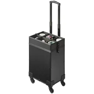 5 in 1 Professional Makeup Train Case Aluminum Cosmetic Case, Rolling Makeup Case Extra Large Trolley Makeup Travel Organizer, with 360 °   Swivel Wheels & Adjustable Pull Rod, Black