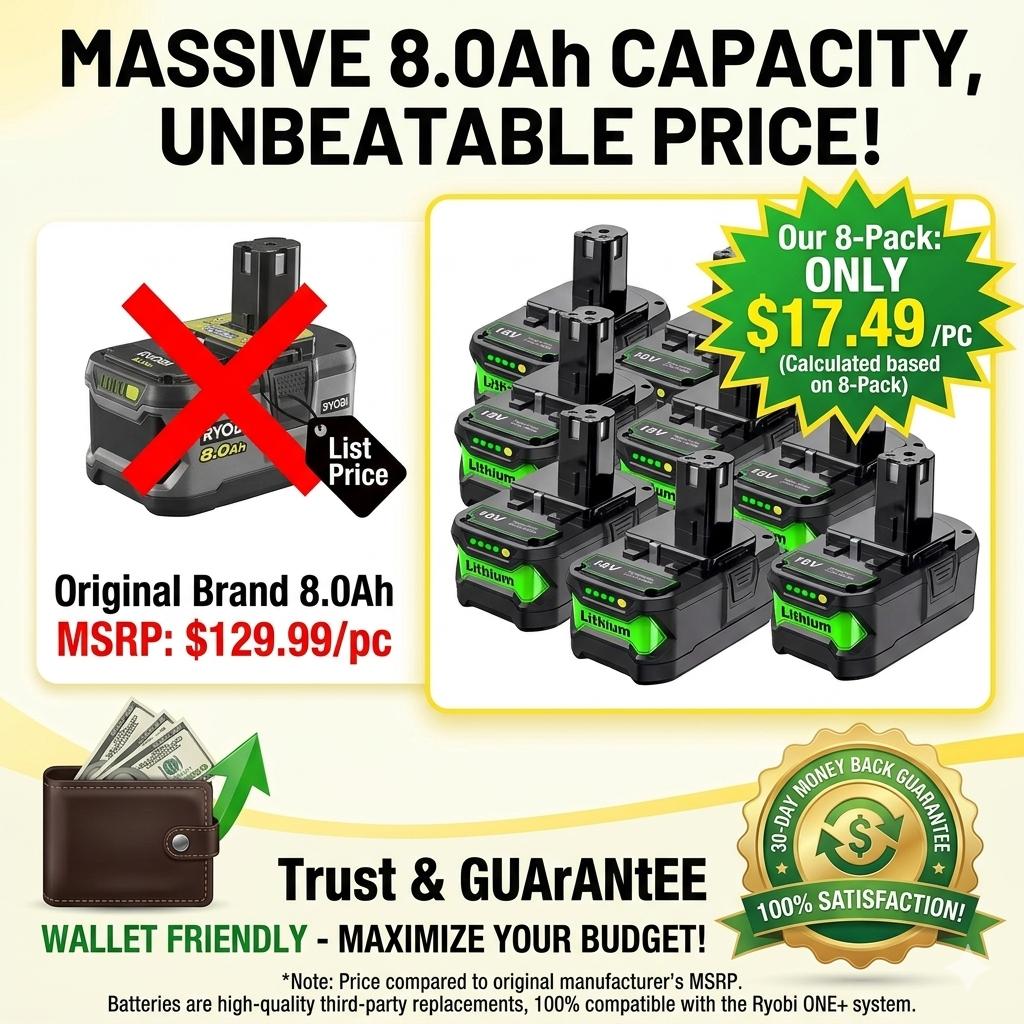 Ryobi Replacement 18V Battery 8.0Ah 8-Pack High Capacity Lithium Ion for One+ P108 P107 P105 P102 Contractors Bulk Value Pack