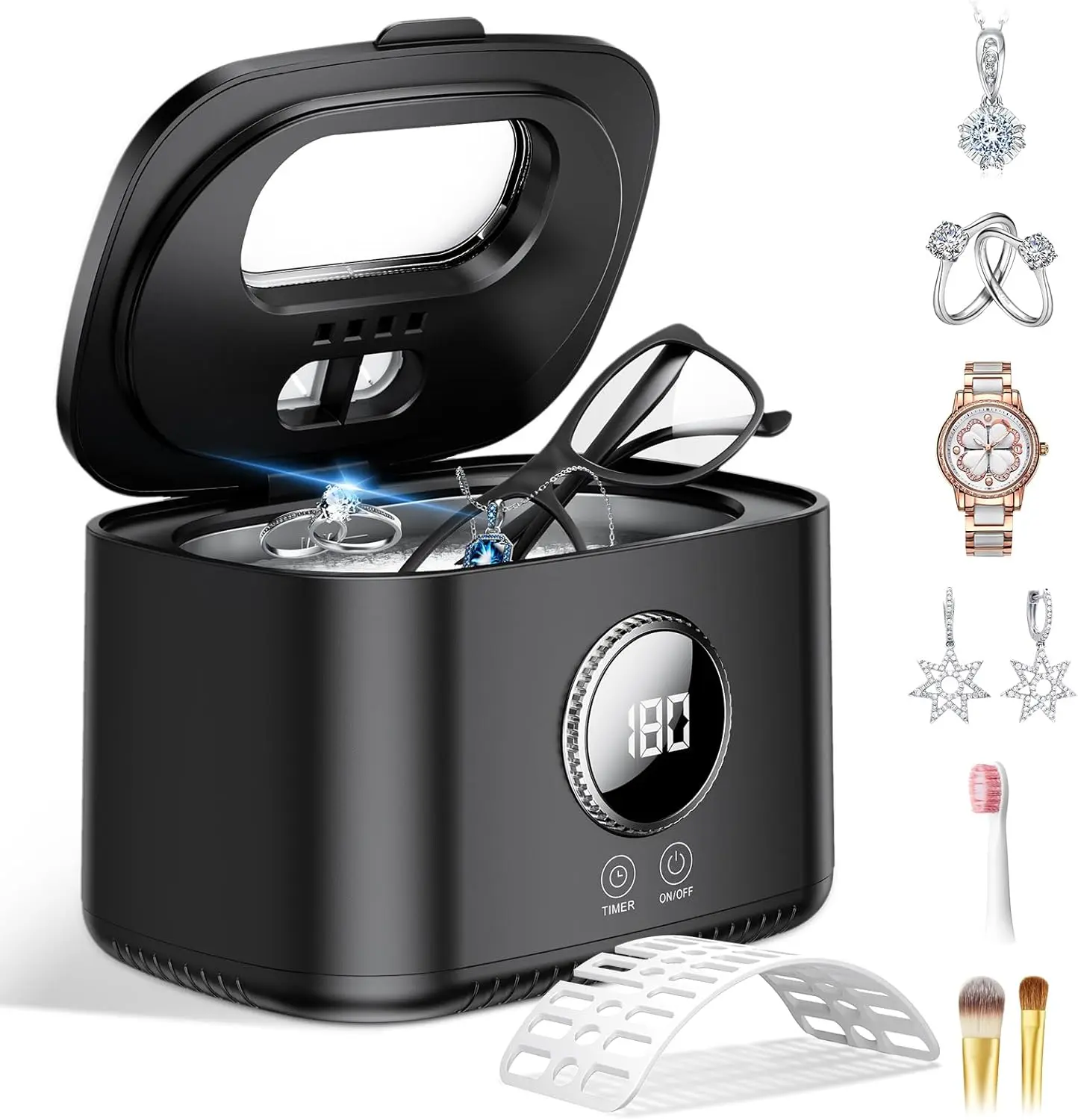 Ultrasonic Jewelry Cleaner, 47kHz Ultrasonic Cleaning Machine with 5 Modes & UV Light, 20 oz Large Capacity Stainless Steel Tank for Eyeglasses, Rings, Necklaces, Dentures