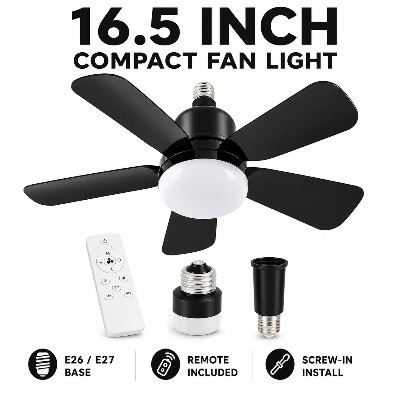 16.5 in Socket Ceiling Fan with Light, E26/E27 Screw-In Dimmable LED Unit with Remote Control, 3 Speeds, Timer, Easy Install for Bedroom, Kitchen, Bedroom Fan Ceiling