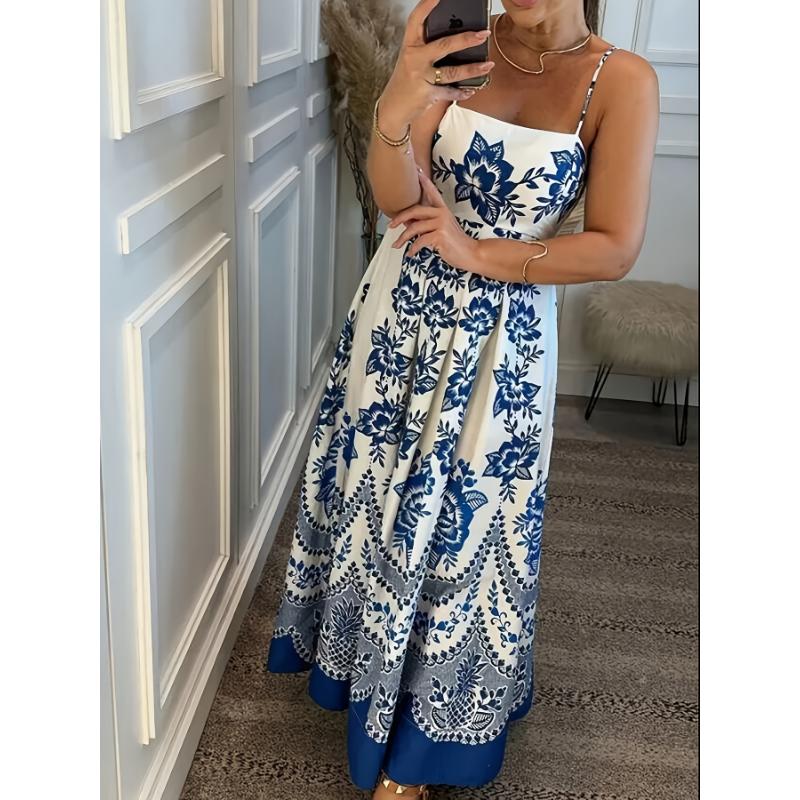 Women's clothing Elegant Blue & White Floral Print Strapless Ankle-Length Maxi Dress - Sleeveless Bodycon Pencil Skirt Silhouette, Flared Hem Summer for Beach Weddings Casual Outings, Fabric Fit Chic Polyester Womenswear Collar Comfort
