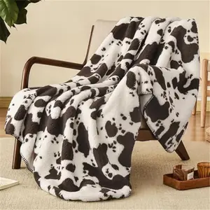 Cute Cow Print Sherpa Throw Blanket Thick and Warm Blanket for Winter, Ultra Soft Fuzzy Animal Pattern Bedding for Bed Sofa Couch, 50x60, Brown