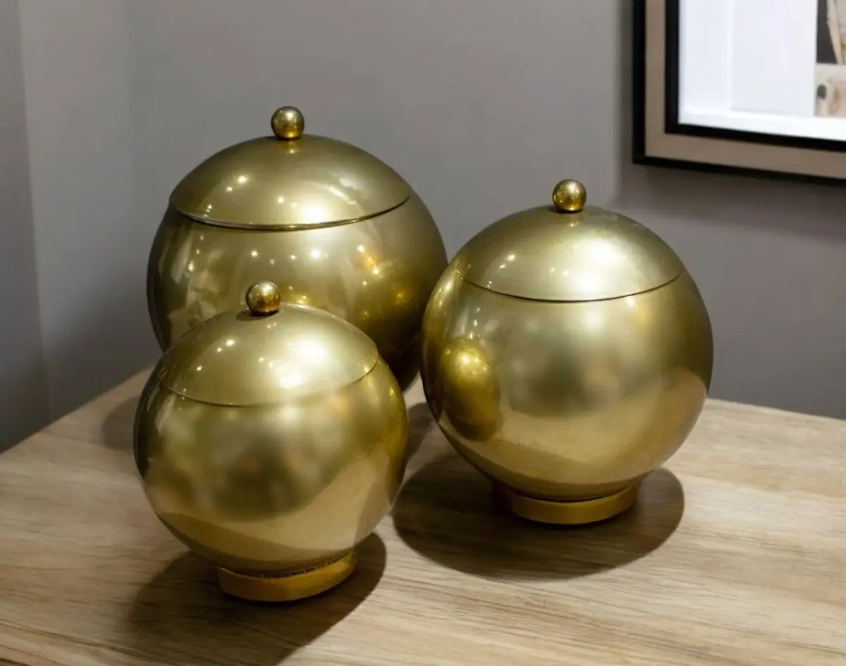 3-Piece Multi-Size Round Gold Metal Lidded Canisters Set with 360 Stand - Modern Home Organizers, Lidded Containers, Storage Jars, Ideal Gift for Home Organization Needs, Lidded Container