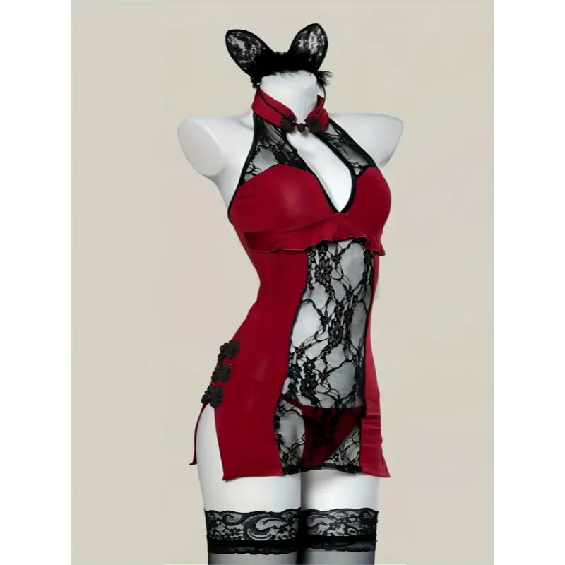 Elegant Red & Black Lace Qipao Sleepwear for Women - Deep V-Neck, Ruched Detail, High Slit, Contrast Lace Trim, Adult-Only Intimate Clothing, Adult Sleepwear | Elegant Lace Detail | Intricate Lacework, Lace Nightwear