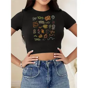 Women's Slim-Fit Tummy Control Crop Top Short Sleeve Shirt - Snake Print Blouse with Multicolor (Green/Brown/Black/Beige) - Machine Washable All-Season Casual & Dressy Wear, Round Neck Crop Tee, No Under Clothes, Sizes XS-XL, Leggings, Skinny