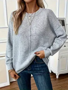 Women's Spring & Fall Comfortable Soft Basic Plain Round Neck Loose Fit Knitted Sweater, Casual Fashion Long Sleeve Pullover for Any Occasion Knitwear Tops Womenswear