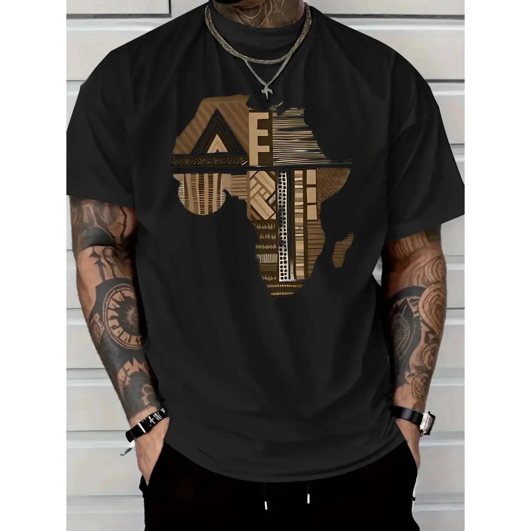 Men's Short-Sleeve Ribbed Round Neck African Map Tribal Graphic Tee - Soft Breathable Cotton Regular Fit Top, Sports & Outdoor Apparel for Travel & Everyday Use, Machine Washable Menswear