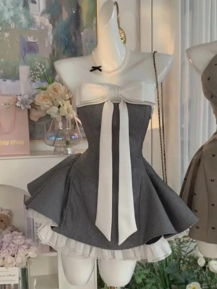Summer New Vintage Elegant Woman Dress Strapless Bow Patchwork High Waist Puffy Mini Dress Female French Chic Sexy Outfits 2025