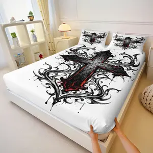 Gothic Cross Digital Print Fitted Sheet Set 3pcs, Edgy Ink Splash, Soft Microfiber Bedding, Fits Twin/full/queen/king, Ideal for Goth Lovers