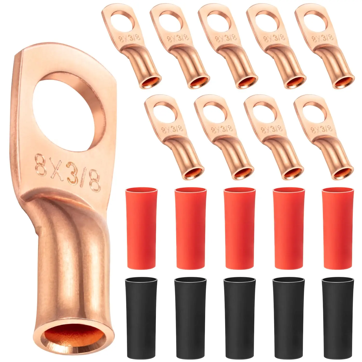 10 Pack UL Test Wire Lugs 8 Gauge Stud Ring Terminals Heavy Duty Copper Crimp Lugs Welding Cable Bare Copper Eyelet Lug with Heat Shrink Black, Red(8 AWG 3/8 Ring)