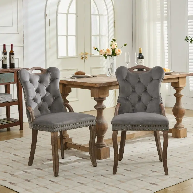 Gray Traditional French Country Velvet Dining Chairs (Set of 2) - Fully Assembled, Handmade Tufted Trim, Solid Wood Top & Side Handles, Vintage Copper Nail Accents, Curved Legs, 14.30 lbs, 25.00x19.30x37.50 in, Single Box