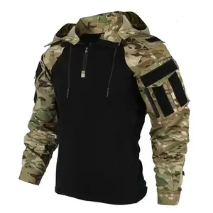 Outdoor Shirts Camo Combat T-Shirt Hooded Mens Working Tactical Shirt Airsoft Paintball Camping Hunting Clothing Wear-resisting Athletic Outfit High Performance Activewear