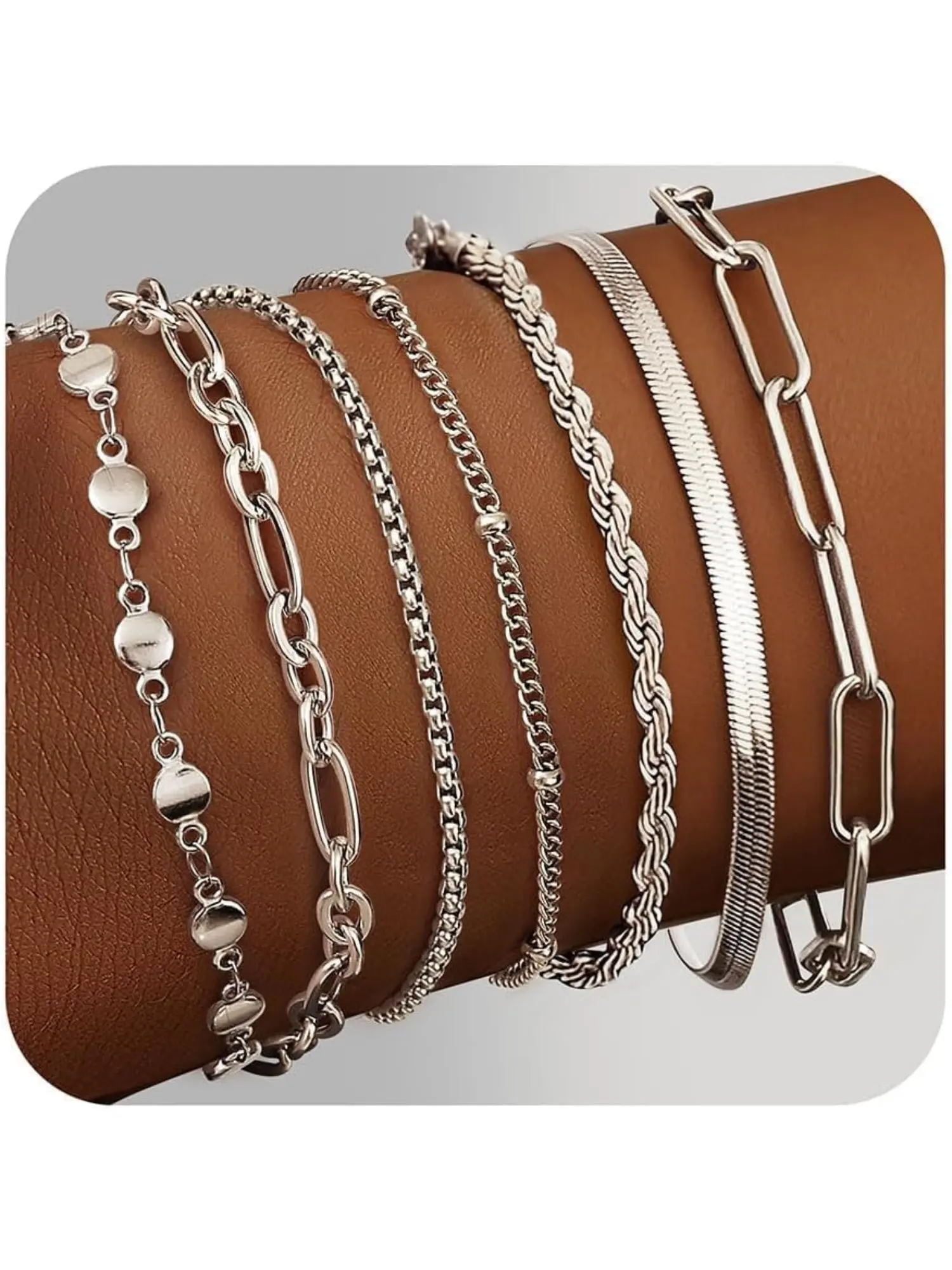 7 Pairs of Gold Bracelet Female Waterproof, 14K Gold-plated/silver Chain Bracelet Set Can Be Stacked Stackable Bracelets Figaro Paper Clips Gold Bracelet Female Chain Exquisite Layered Bracelet Female Set Fashion Wrist Jewelry Beautiful Bracelets