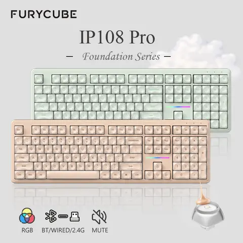 FURYCUBE IP108 PRO Rechargeable Wireless Membrane Keyboard - 108-Keys Full Size with Number Pad, Mechanical Feel Rainbow RGB Illumination, Ergonomic Silent, Type-C, for PC/MAC, Keyboards for Work, IP108 Foundation