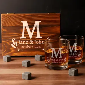 Personalized Vintage Birthday Whiskey Gifts for Men - 11 oz Engraved Bourbon Glass - Set of 2 Vintage Whiskey Cup in Wooden Box - 4 Designs Custom Scotch Glass Gift For Him (Anniversary/Wedding Gift)