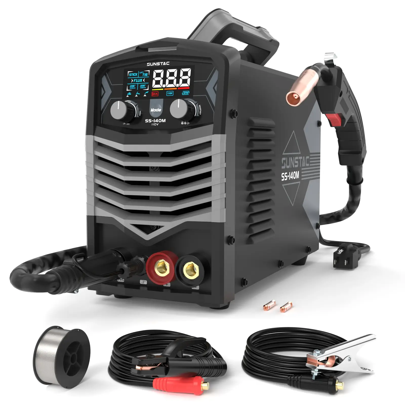Sunstac SS-140M 140A 110V Gasless MIG Welder | Synergic Control & IGBT Inverter Tech | 3-in-1 Flux Core/Lift TIG/Stick Portable Welding Machine