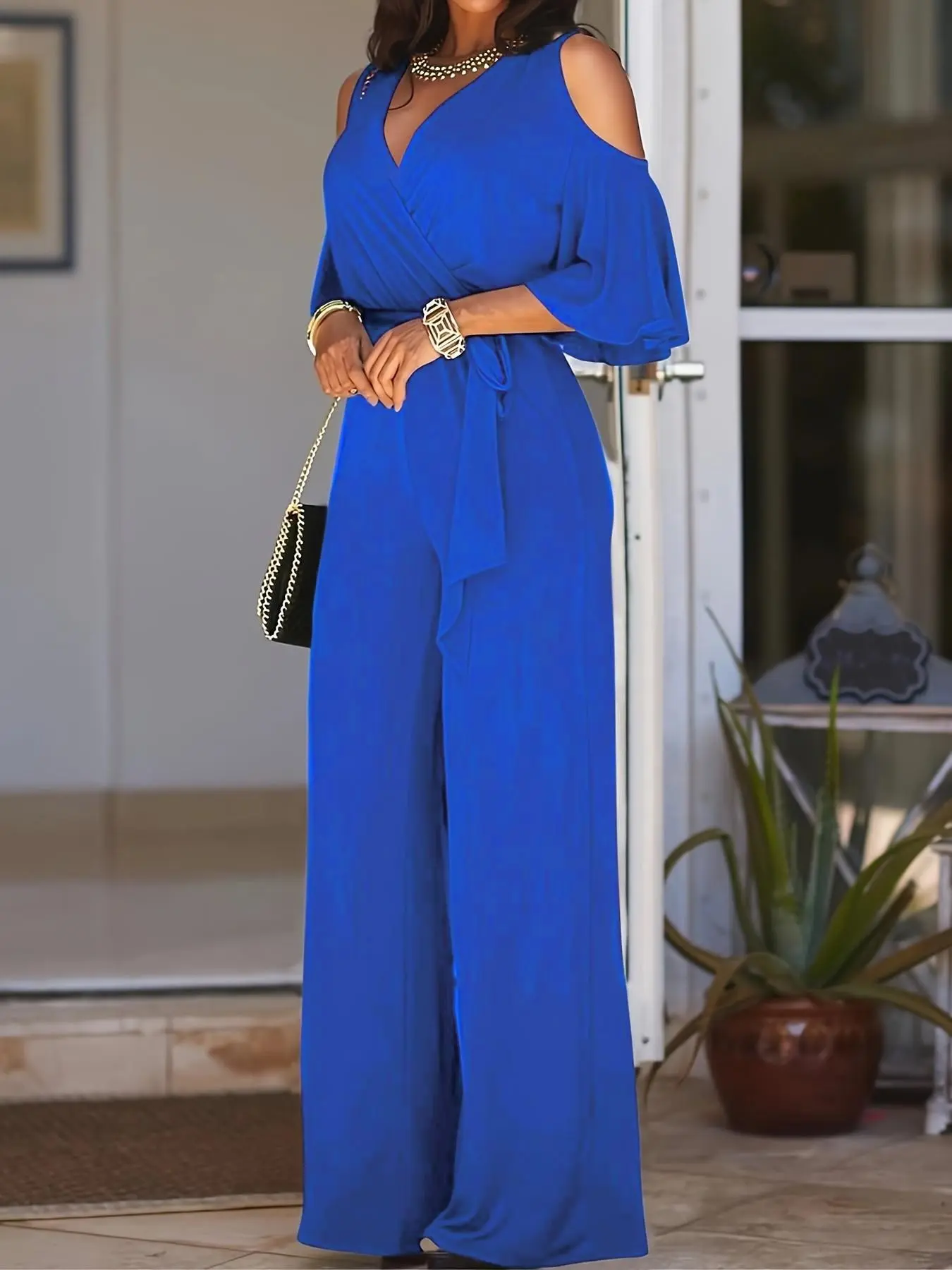 Elegant Chic Minimalist V-Neck Off-Shoulder Belted Jumpsuit, Solid Color Wide Leg Design, Perfect for Casual & Formal Wear, Women's Fashionable Womenswear
