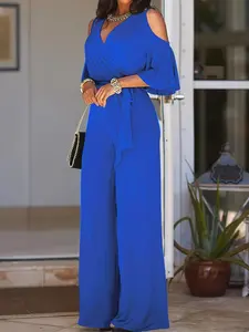 Elegant Chic Minimalist V-Neck Off-Shoulder Belted Jumpsuit, Solid Color Wide Leg Design, Perfect for Casual & Formal Wear, Women's Fashionable Womenswear