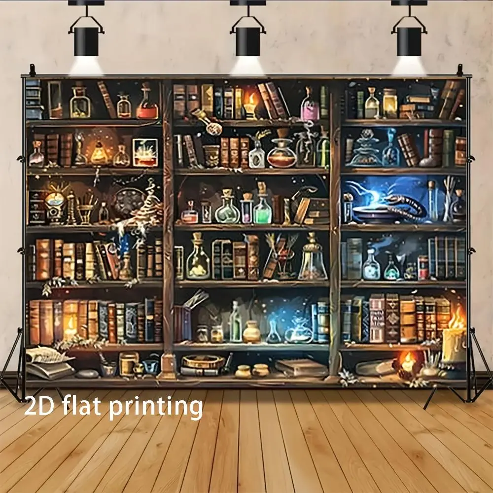 1pc Glam Soft Print Textile Backdrop - 2D Flat Wizard's Study Design with Bookshelves, Potion Bottles, Glow Book Spines - Easy-Install Wall Ornament for Halloween, Party Events