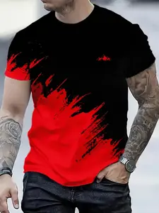 Men's Casual 3D Digital Print Geometric T-Shirt, Touch Design, Breathable Summer Round Neck, Soft Fabric