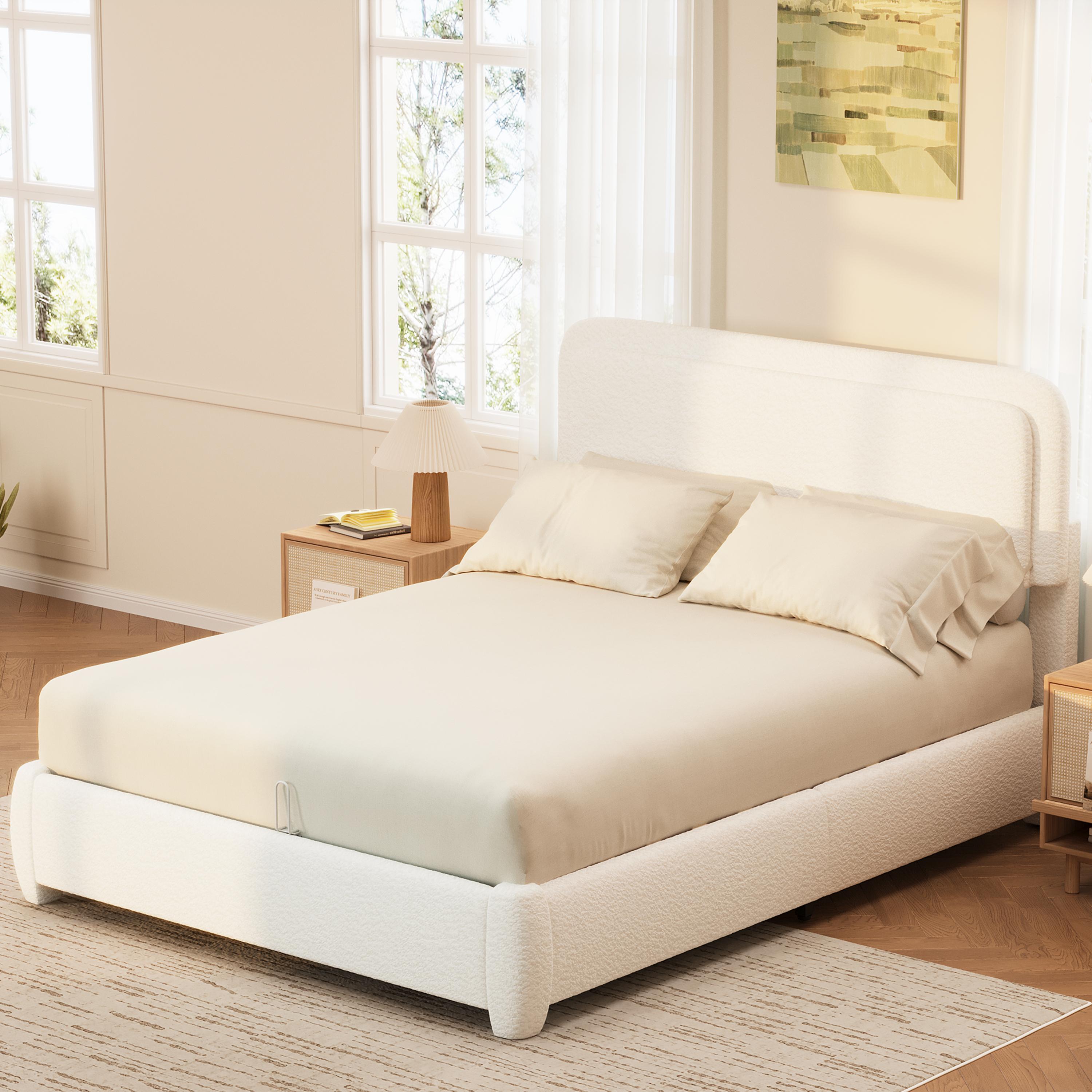 Queen Size Bed Frame with Adjustable Height Headboard, Modern Queen Platform Bed with Curved Cloud Headboard, Elegant Boucle Fabric Low Profile Platform Bed, No Box Spring Needed, Easy Assembly, White